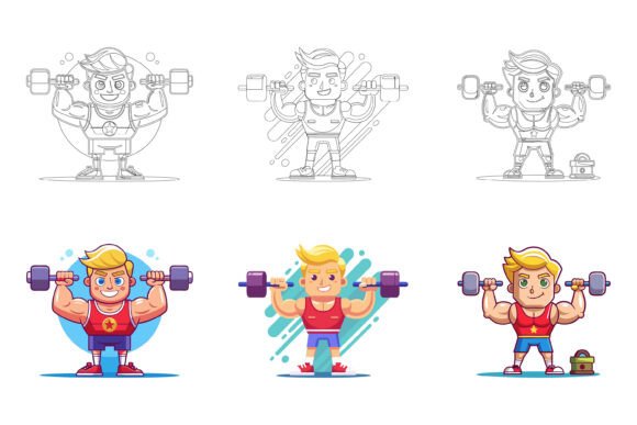 Bodybuilder Holding Kettlebell Dumbbell Illustration Set